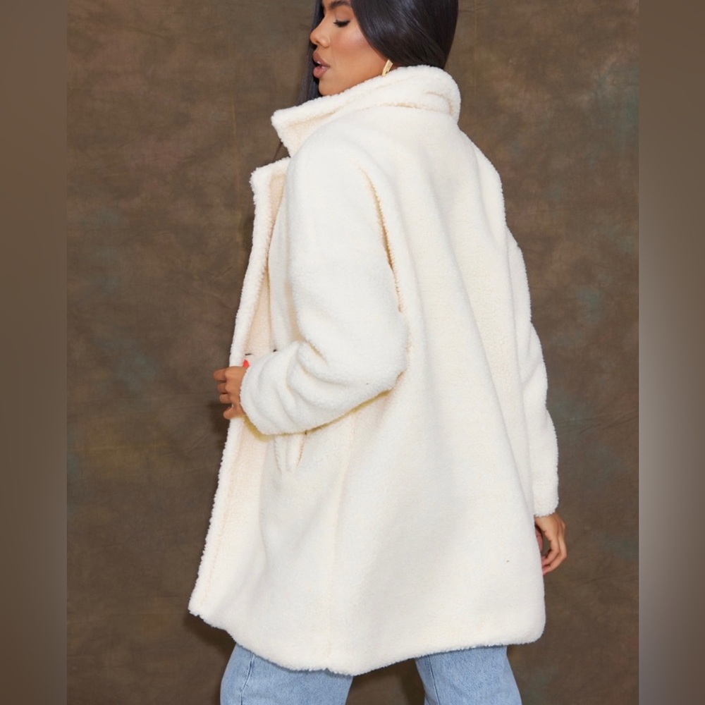 Pretty Little Thing Cream Borg Lapel Drop Arm Midi Coat